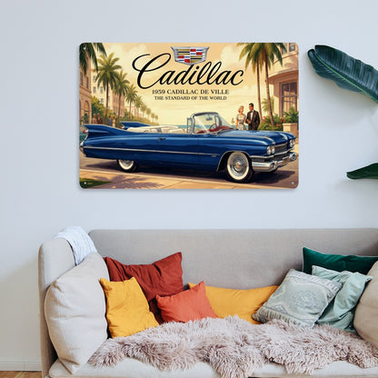 Rectangular Tin Sign Metal Sign Decor 1959 Cadillac De Ville, Blue