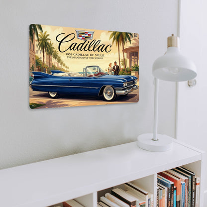 Rectangular Tin Sign Metal Sign Decor 1959 Cadillac De Ville, Blue