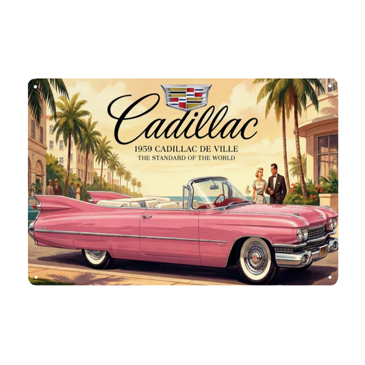 Rectangular Tin Sign Metal Sign Decor 1959 Cadillac De Ville Pink