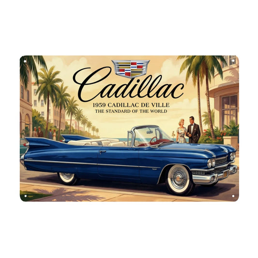 Rectangular Tin Sign Metal Sign Decor 1959 Cadillac De Ville, Blue