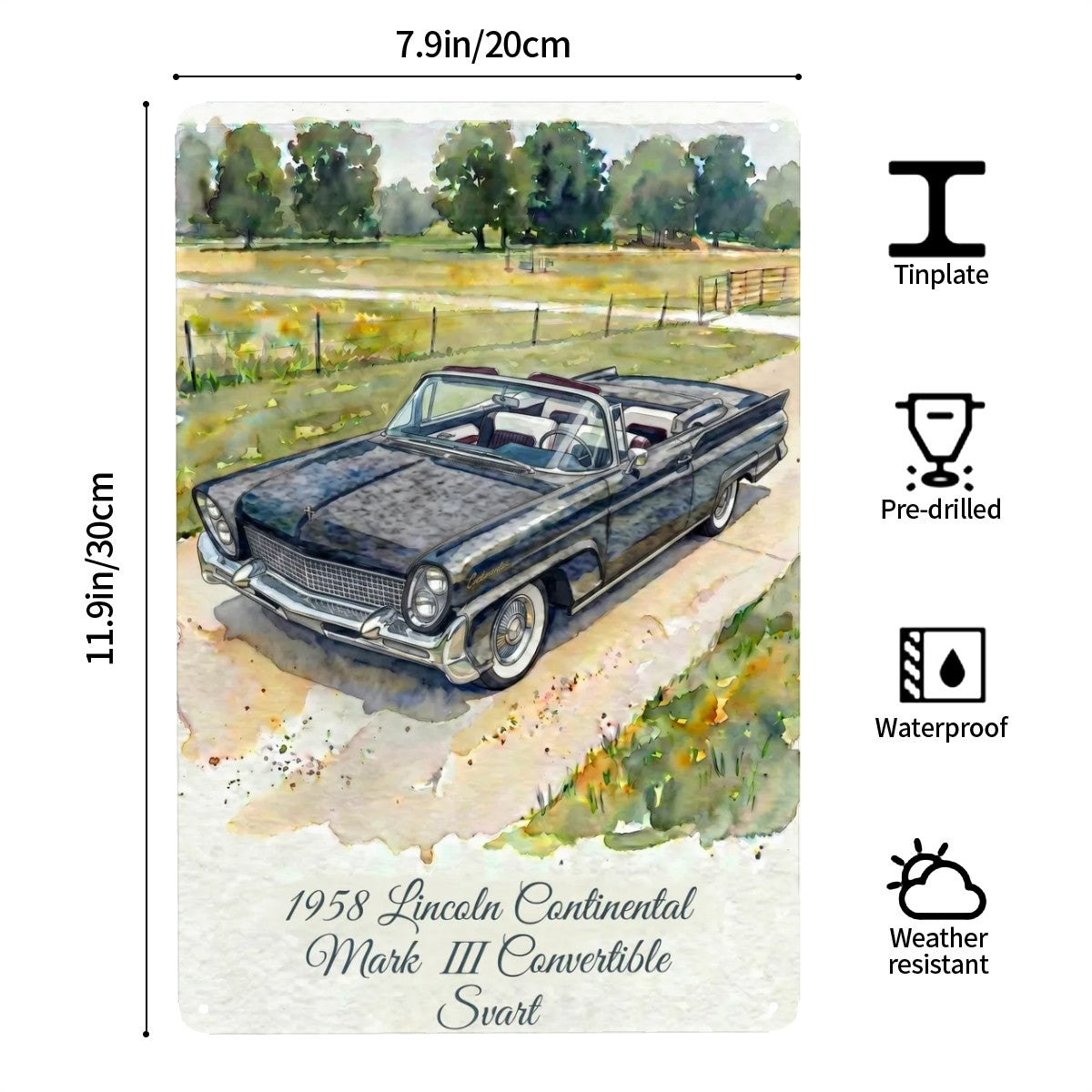 Tin Sign Rectangular 1958 Lincoln Continental Mark III Convertible Svart