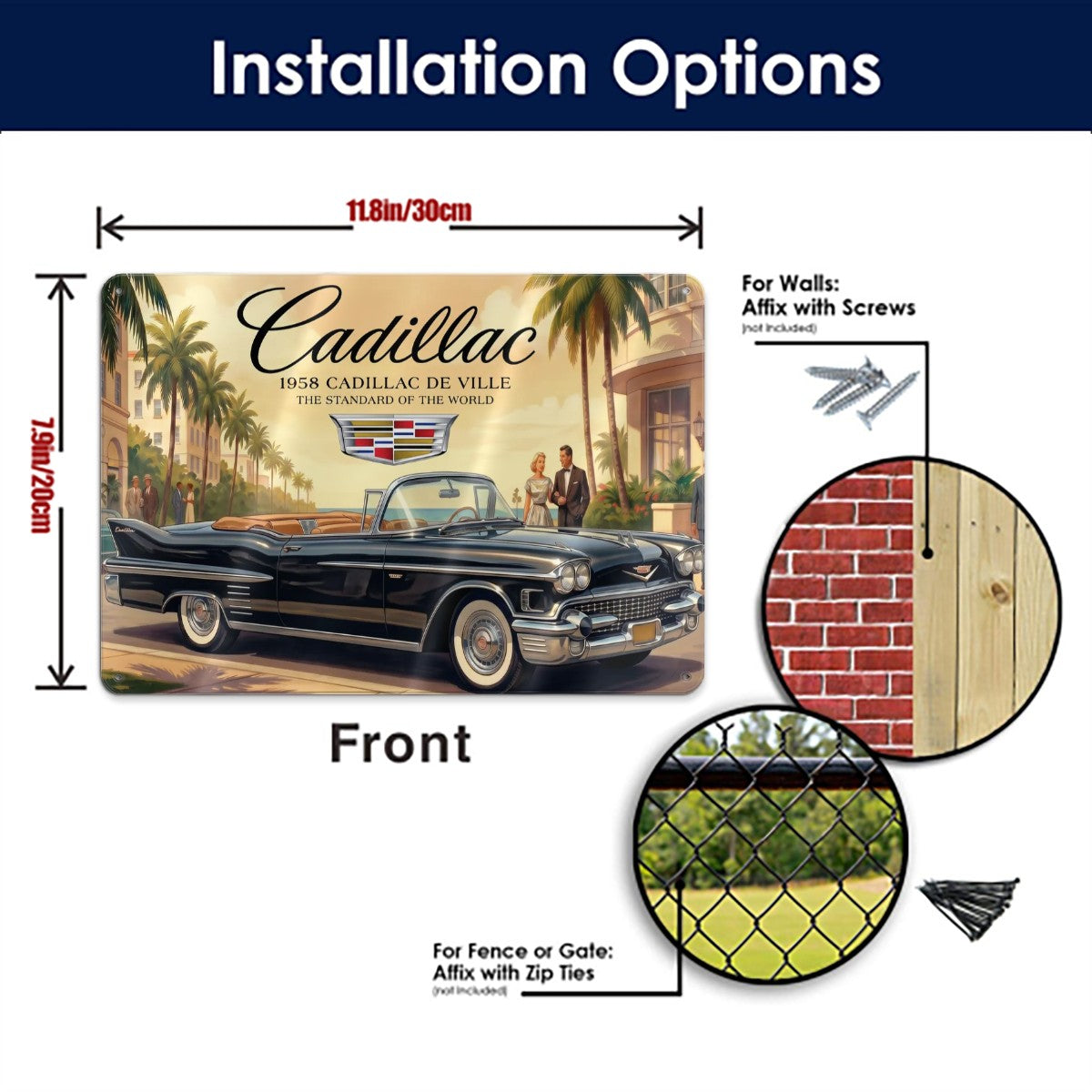 Metal Signs Outdoor 1958 Cadillac De Ville, Black