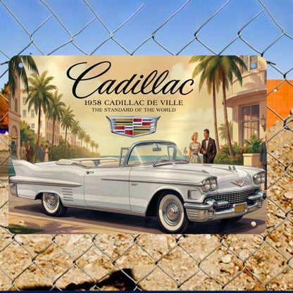 Metal Signs Outdoor 1958 Cadillac De Ville, White