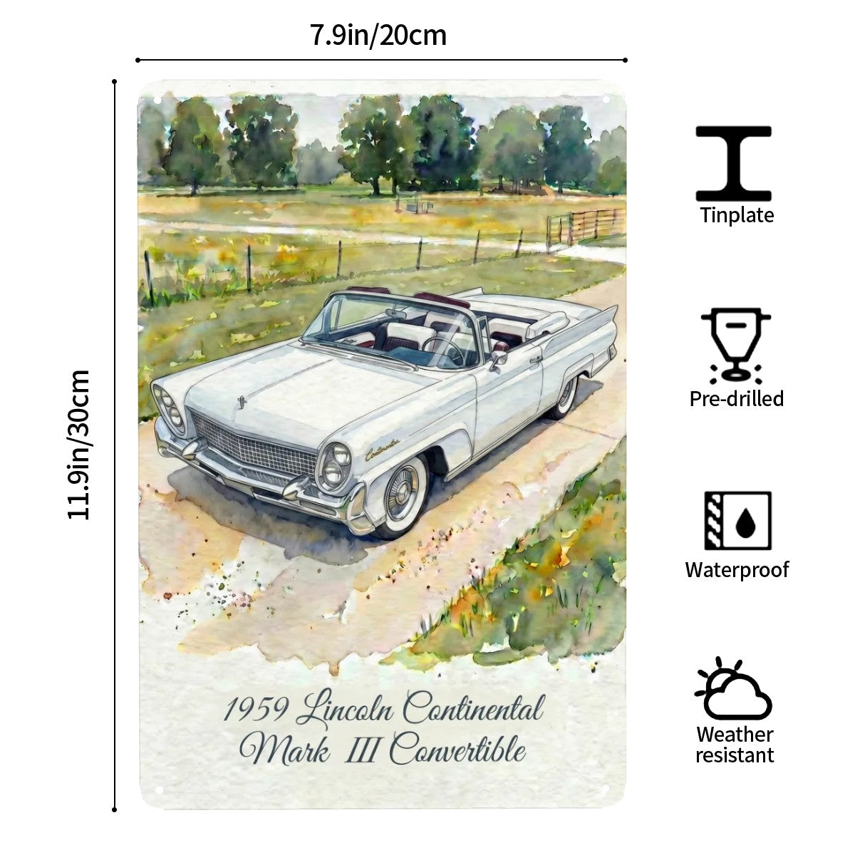 Tin Sign Rectangular 1959 Lincoln Continental Mark III Convertible Vit