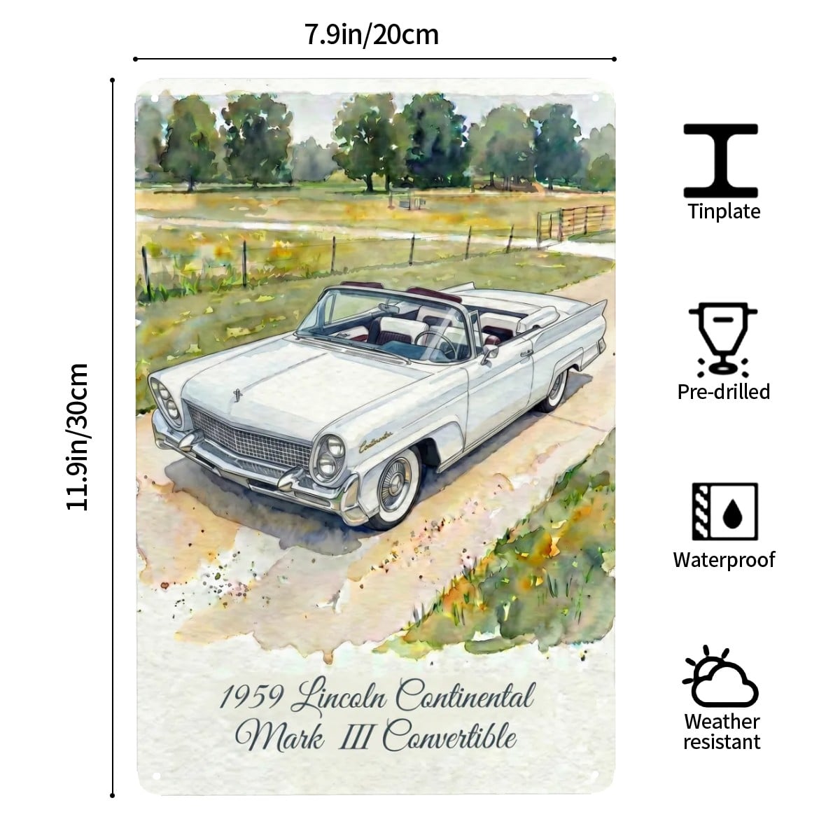Tin Sign Rectangular 1959 Lincoln Continental Mark III Convertible Vit