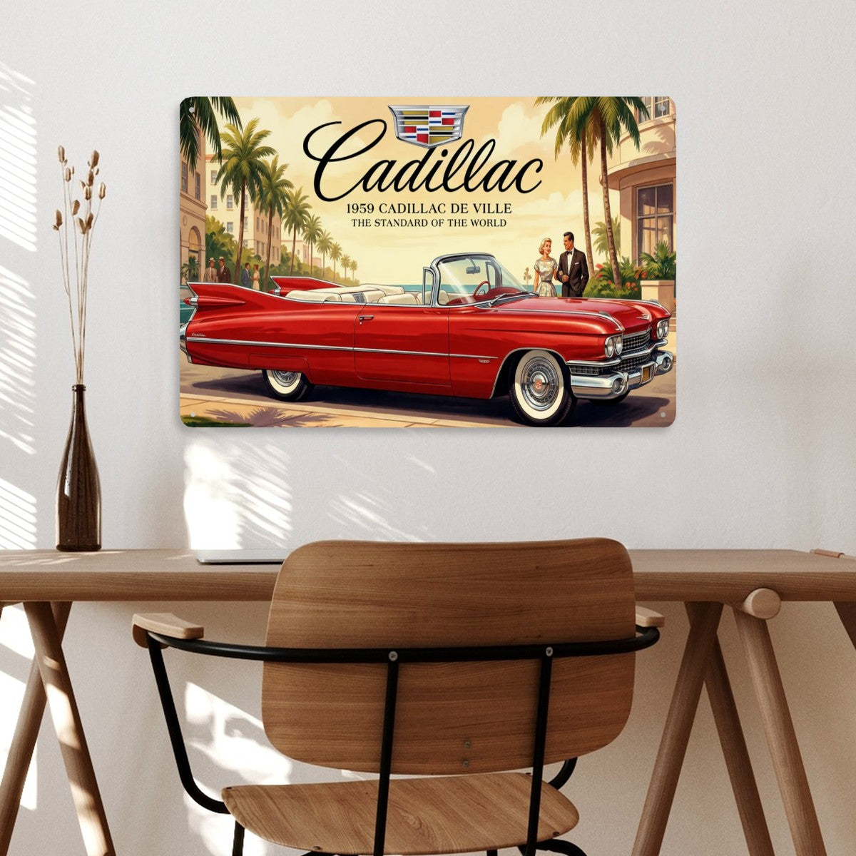 Rectangular Tin Sign Metal Sign Decor 1959 Cadillac De Ville Röd