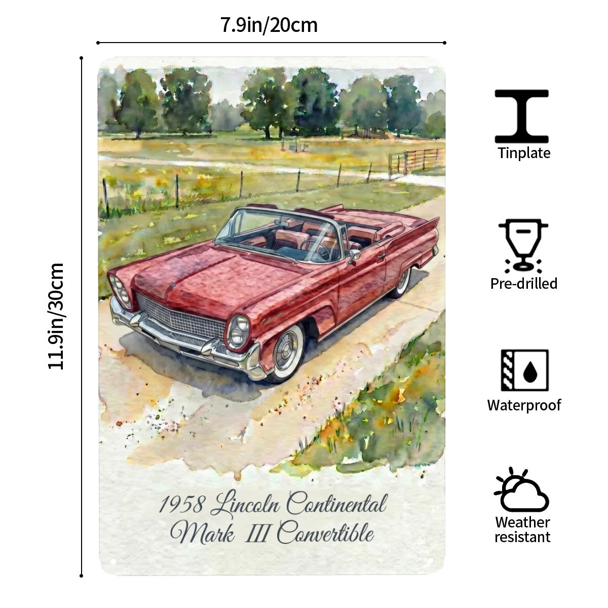 Tin Sign Rectangular 1958 Lincoln Continental Mark III Convertible Röd