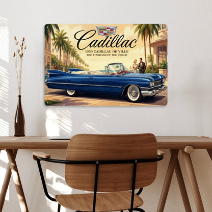 Rectangular Tin Sign Metal Sign Decor 1959 Cadillac De Ville, Blue