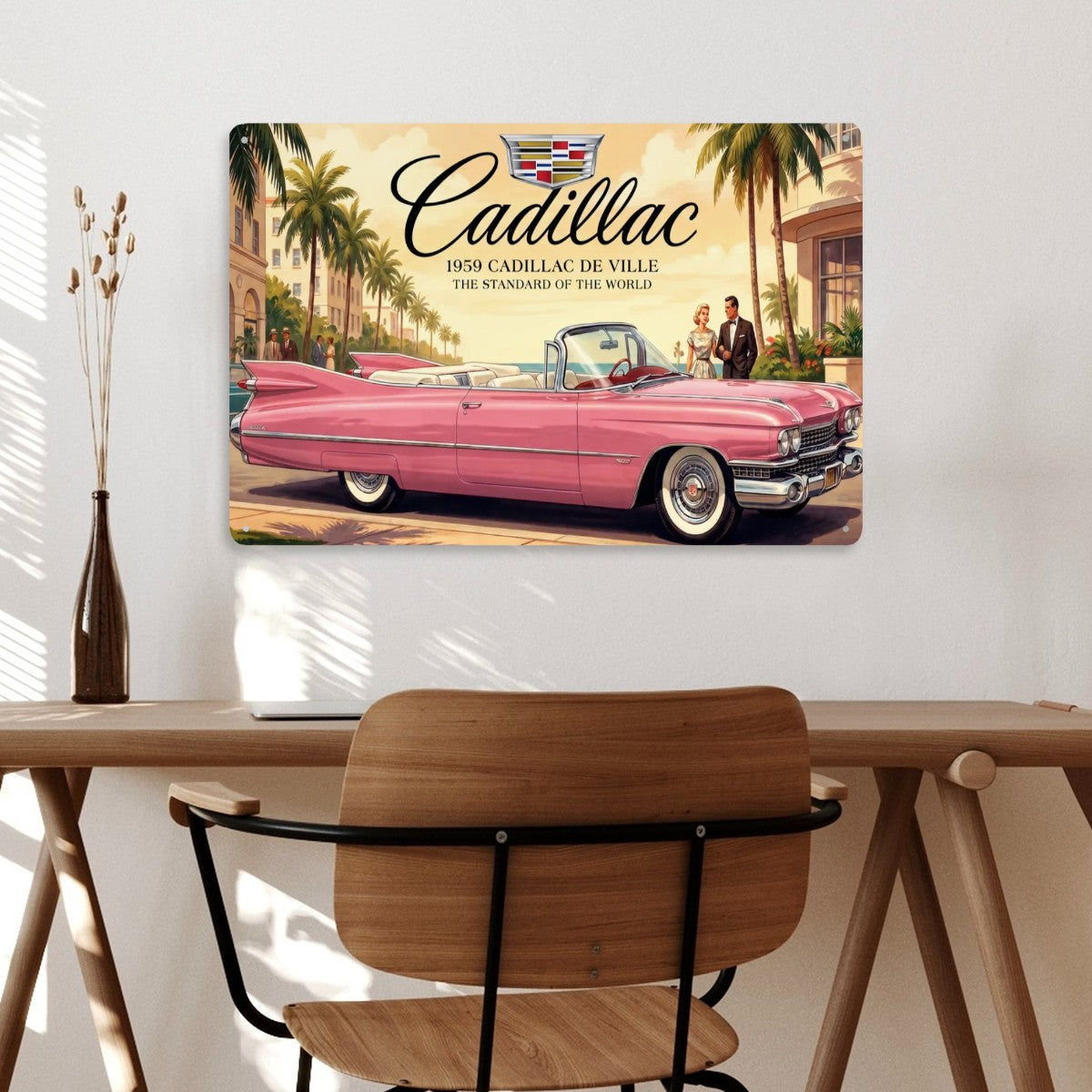Rectangular Tin Sign Metal Sign Decor 1959 Cadillac De Ville Pink