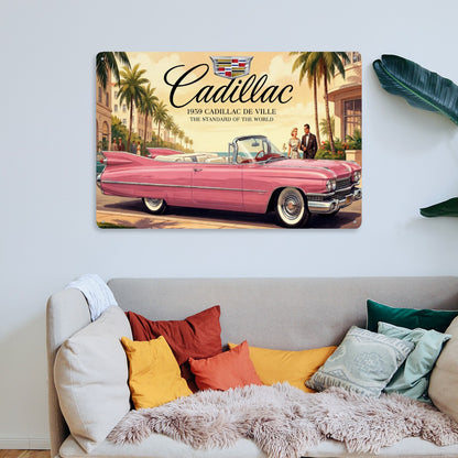 Rectangular Tin Sign Metal Sign Decor 1959 Cadillac De Ville Pink